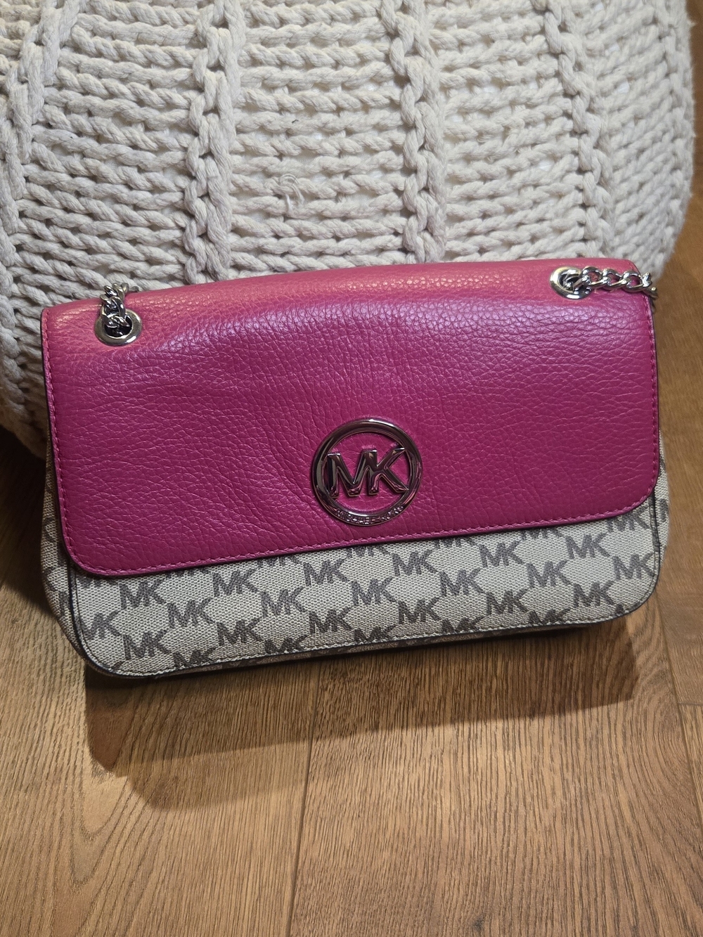 Michael Kors Fulton Flap Shoulder Bag Pink Leather MK Signature Chain Purse